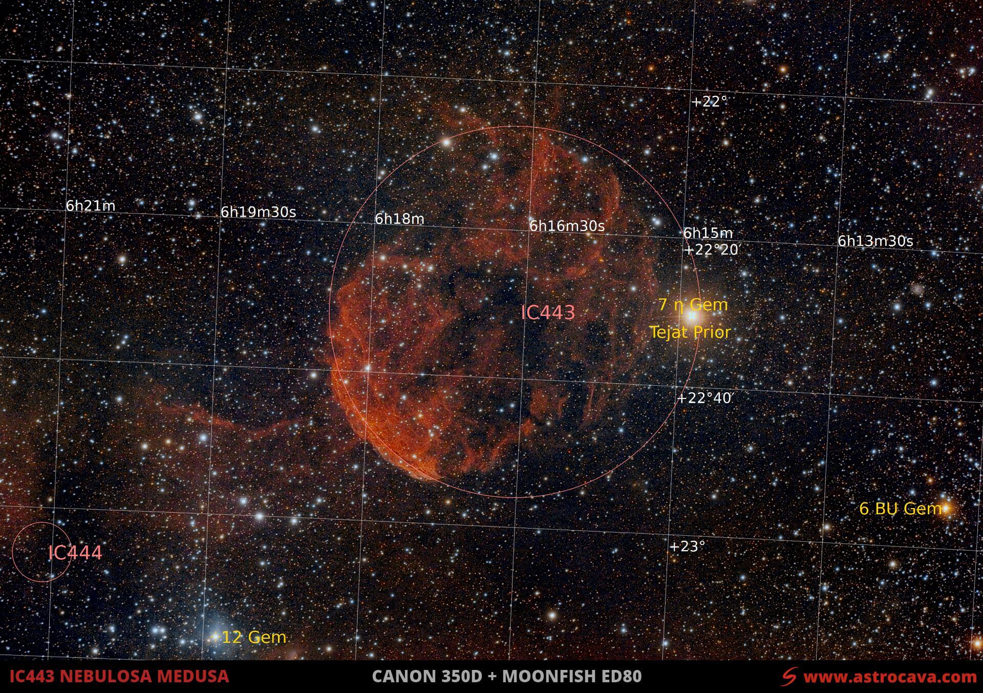 La Nebulosa Medusa (IC443) en Géminis. Versión anotada.