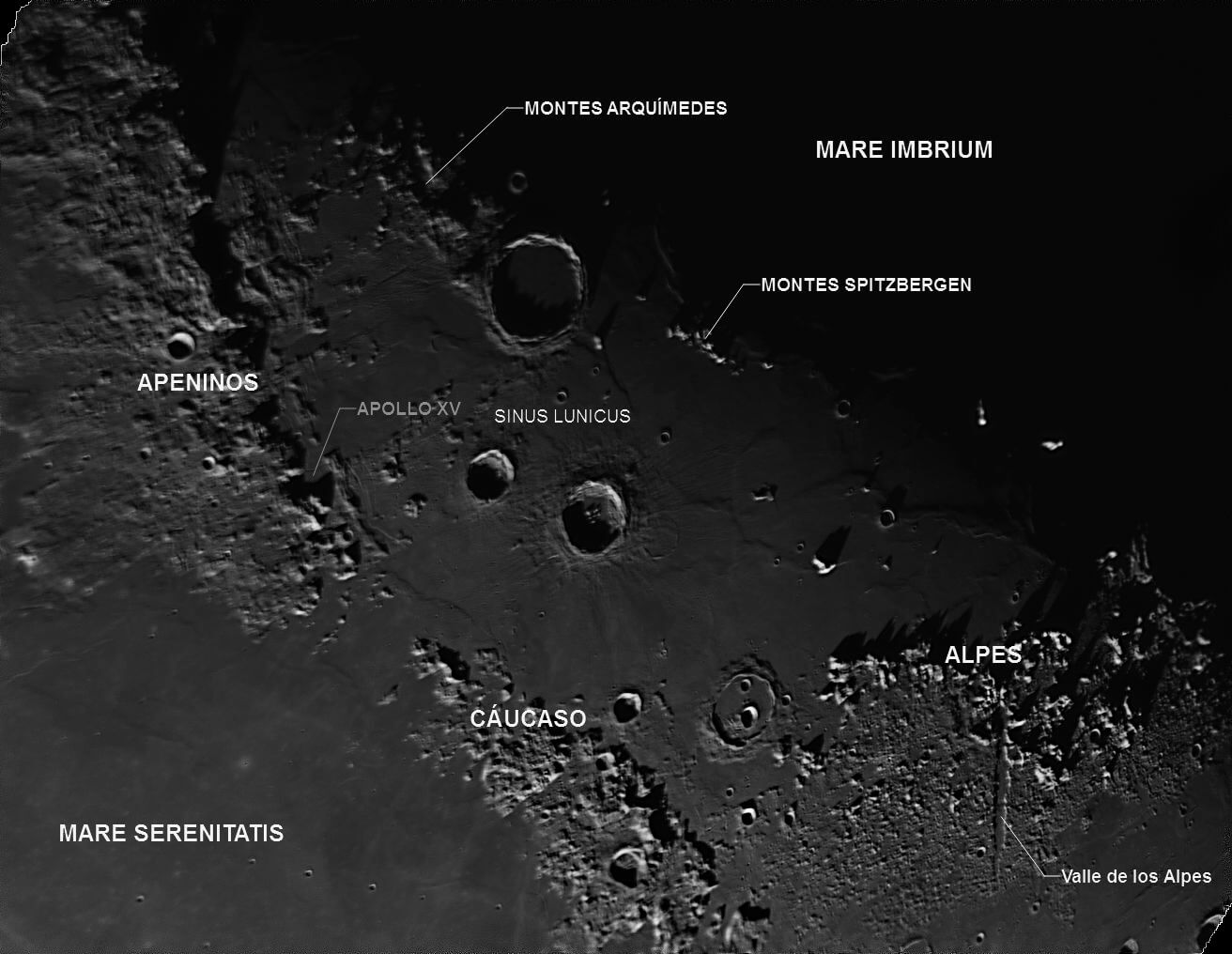 Zona de la Luna entre Mare Imbrium y Mare Serenitatis anotada